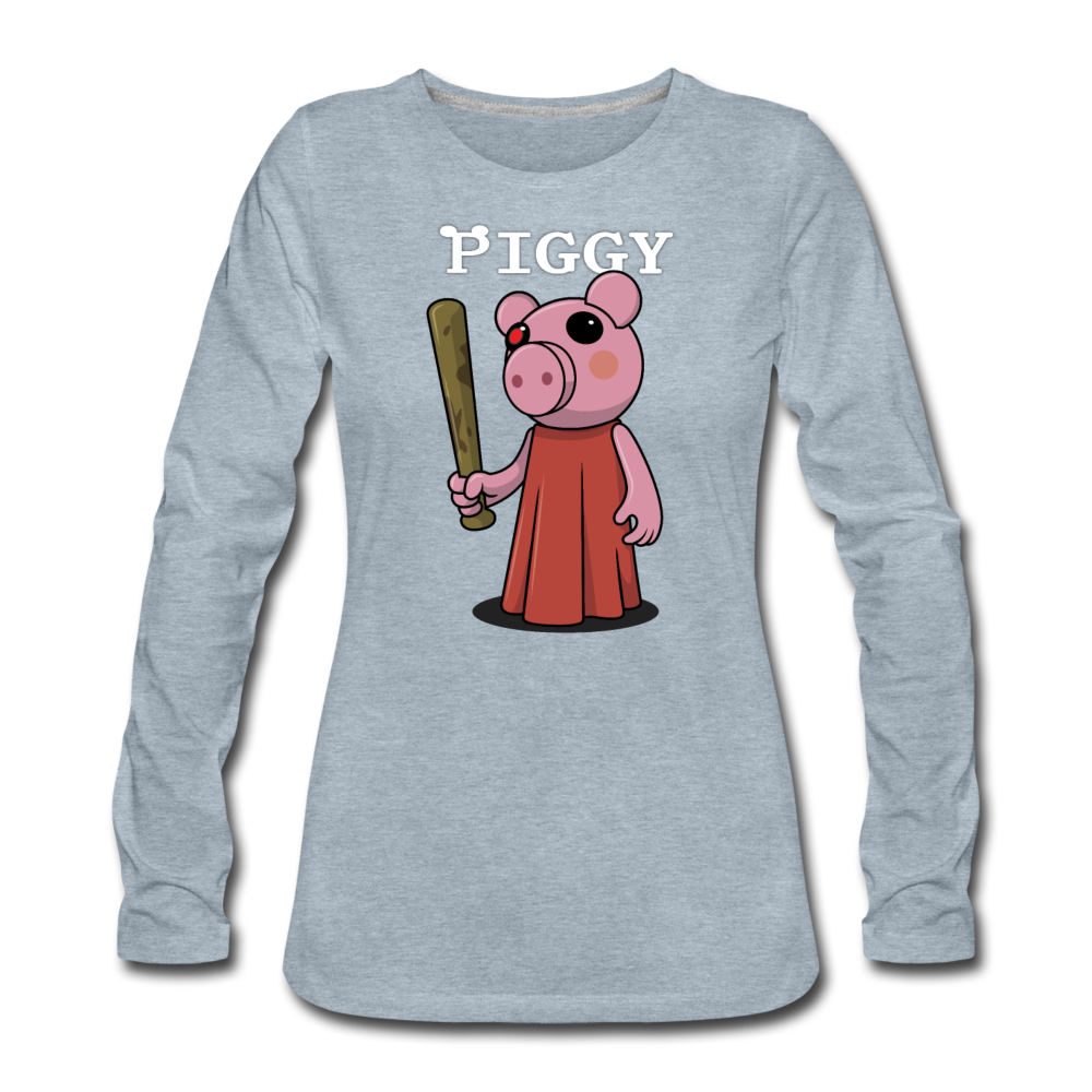 Piggy Logo Long Sleeve T-Shirt (Womens) - heather ice blue